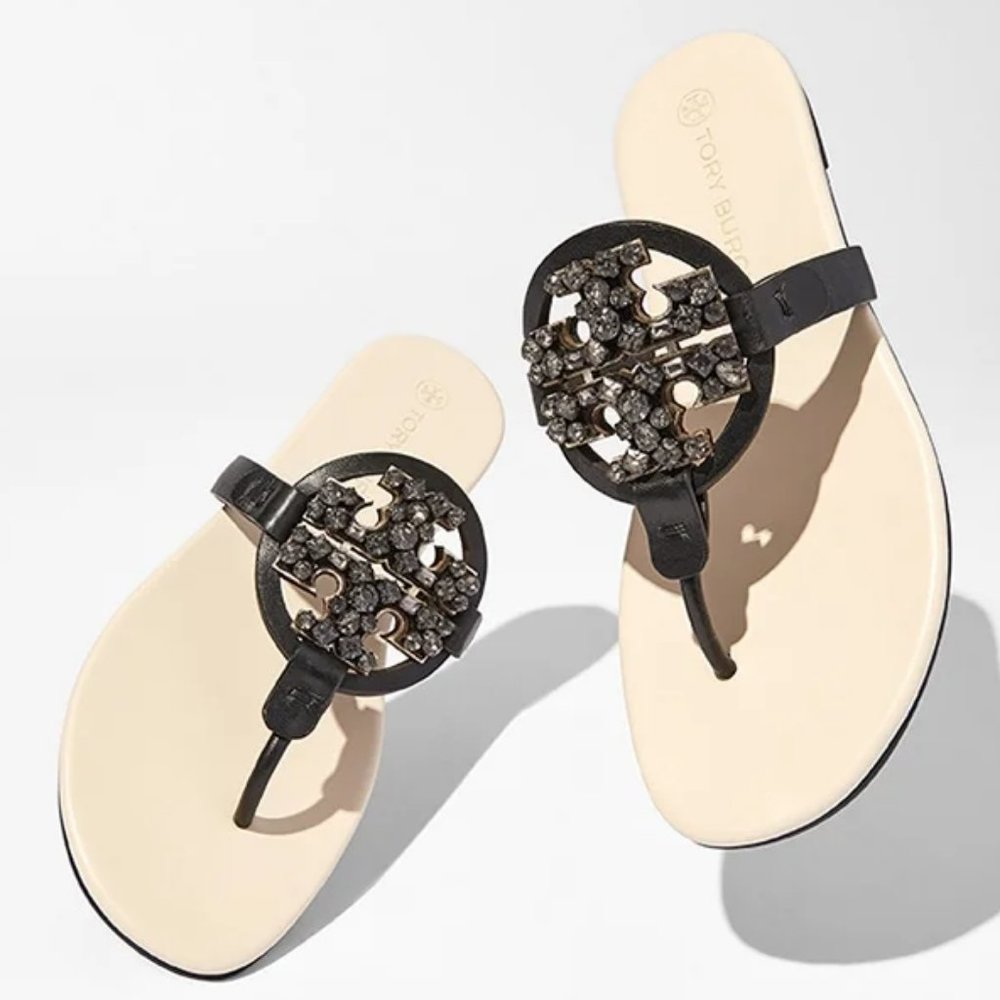 Tory Burch MANY SIZES CRYSTAL MILLER SOFT SANDAL Embellished Jeweled Two Tone